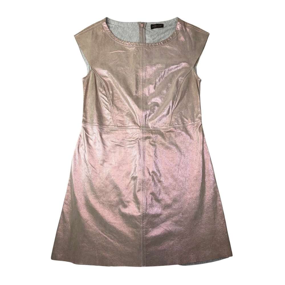 AS by DF 100% Leather Mini Dress Rose Gold Metallic Sleeveless Party Glam Size M